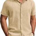 Alimens & Gentle Mens Linen Shirt Short Sleeve Button Down Shirt Casual Summer Beach Vacation Wedding Linen Texture Shirts