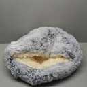 ShinHye Cozy Cat Bed - Round Plush Fluffy Hooded Cave, Indoor/Outdoor, Waterproof & Washable, Calming Anti-Anxiety Design - 23x23 Inch, Grey