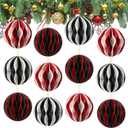 12 Pcs Christmas Paper Honeycomb Ornaments for Tree, 3D Glitter Edge Honeycomb Hanging Decorations Foldable Christmas Ornaments Lanterns for Xmas Tree Holiday New Year Party Decor (Chic)