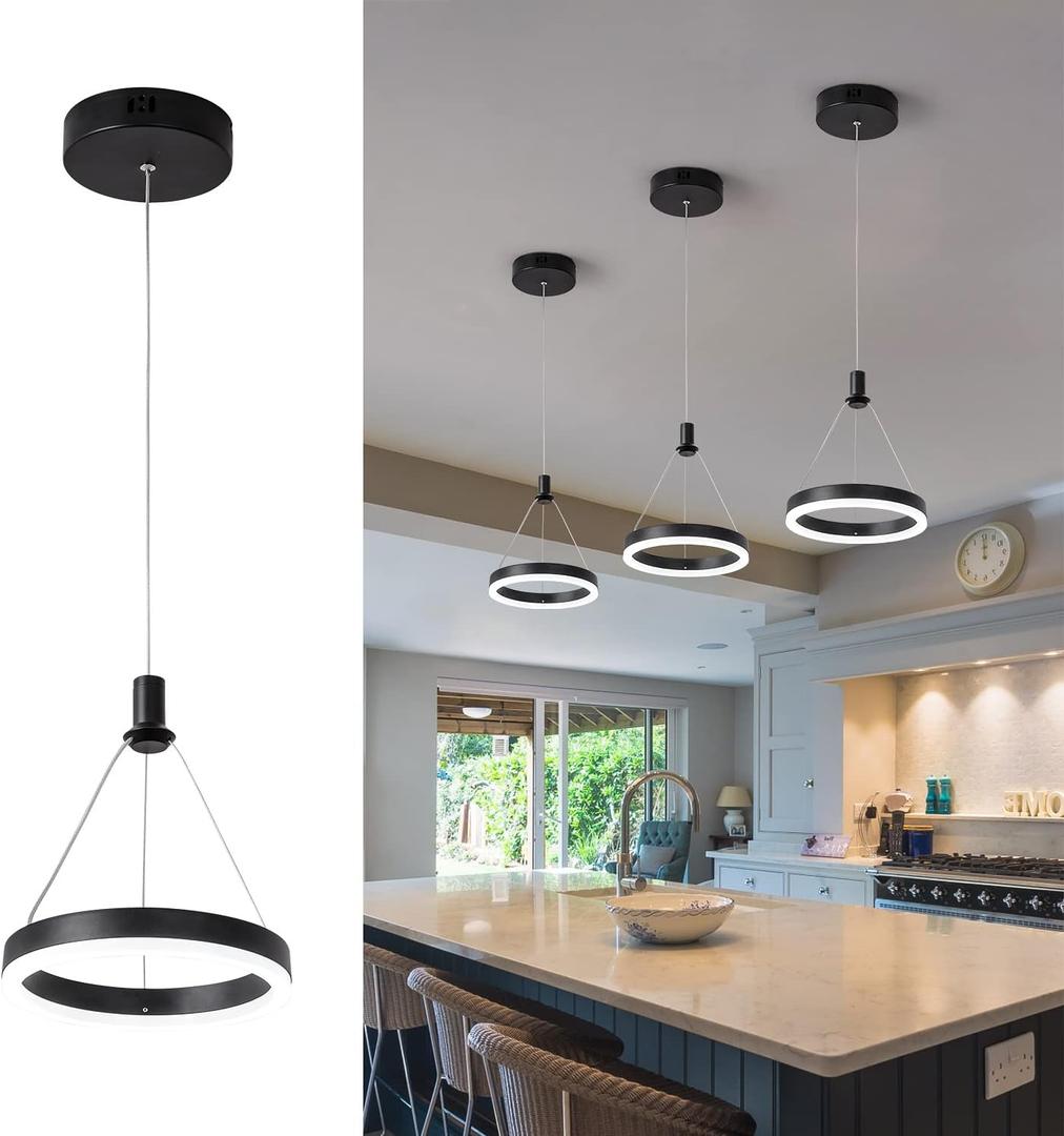 Viruhaka Dimmable LED Pendant Light Kitchen Island 15W Modern Dining Room Black Chandelier 1-Ring Pendant Lighting Bedroom Bedside 59in Cord Adjustable, 6000K Daylight