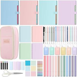 Geyoga 61 Pcs Aesthetics School Supplies, 5 Retractable Gel Ink Pens Pencil Case 6 Mechanical Pencil 12 Cute Highlighters 4 Expanding File Folders 4 Notebook for College Essentials(Green,Bright)
