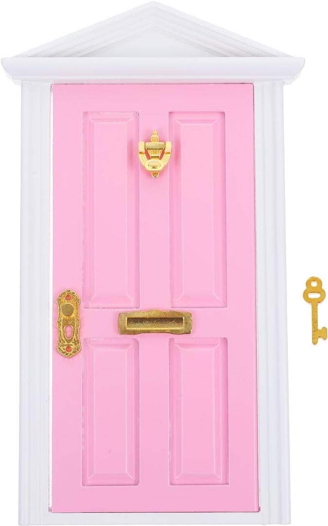 Yardwe Mini Wooden Fairy Door with Spire Design, 1:12 Scale Dollhouse Accessories for Decoration, Pink Door with Key for Christmas, Birthday, Wedding, and Fairy Party