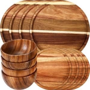 Maxdot 12 Pcs Acacia Wood Dinnerware Set, Round Wooden Plates 8 Inch 10 Inch, Solid Wooden Bowls, Acacia Wood Tableware Supplies, Easy Cleaning & Lightweight for Dishes Snack, Dessert, Set for 4
