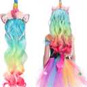 Hifot Unicorn Headband Curly Wig for Girls, Rainbow Flower Birthday Party Supplies Halloween Decorations for Kids Hair Accessories