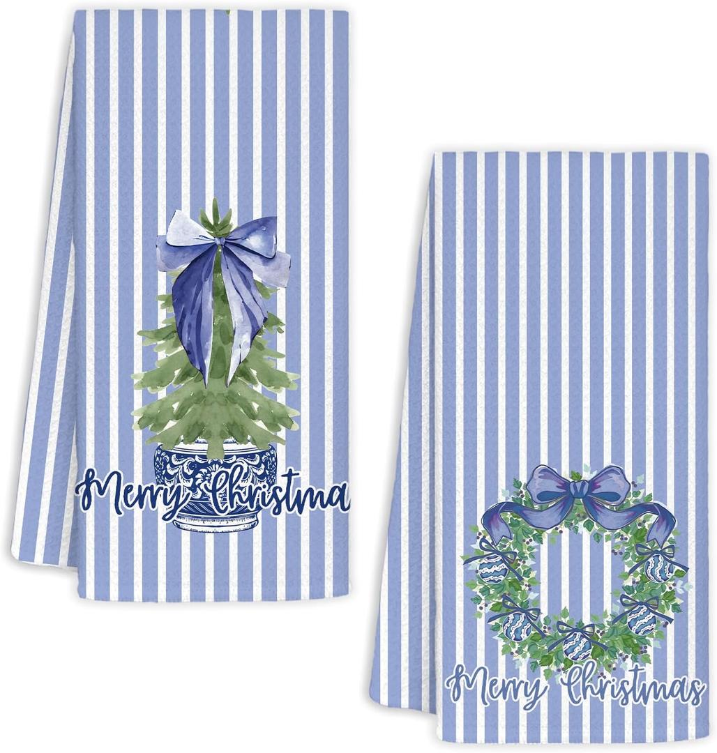 Chinoiserie Christmas Kitchen Towels,Blue Stripes Bow Coquette Christmas Tree Dish Towels,Blue Christmas Hand Towels for Kitchen Bathroom,Grandmillennial Decor,16x24 Inches Set of 2