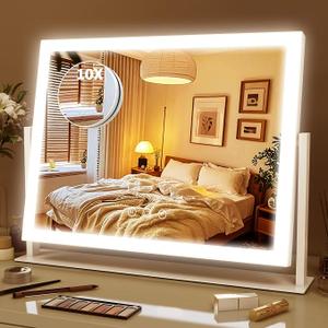 ROLOVE Lighted Makeup Mirror 16.3"x12.6", Hollywood Vanity Mirror with 10X Magnifier, 3 Color LED Lighting Modes, Smart Touch Control & 360° Rotation, Tabletop Makeup Mirror (White, Gift Ready)
