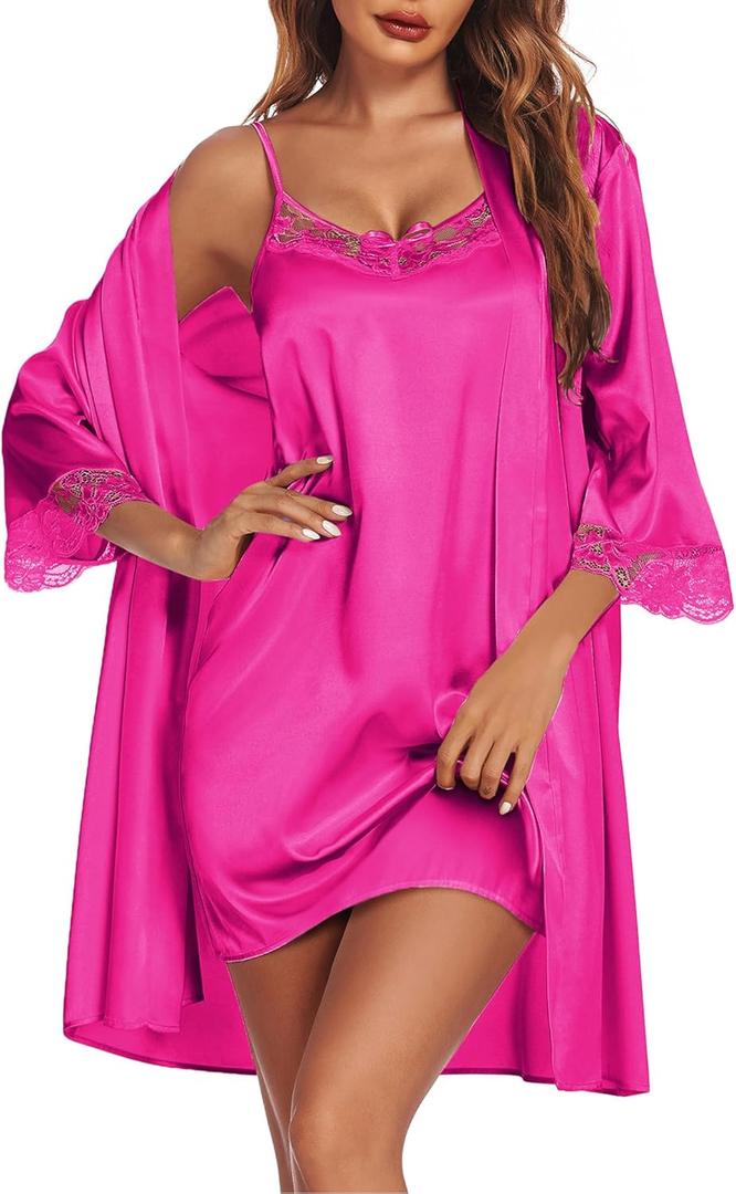 Ekouaer Sleepwear Women's Satin Nightgown with Robes Set 2 Piece Sexy Lace Cami Nightwear Hot Pink, XL