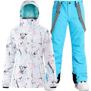 GSOU SNOW Women's Ski Jackets and Pants Set Snowboarding Snowsuit Snow Coat Hooded Waterproof Windproof (X-Large, Blue White 1)