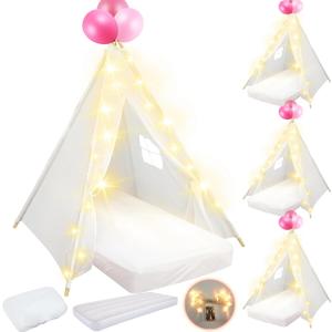 4 Pack Teepee Tent for Kids Slumber Party with Mattress,Fitted Sheet,Light String,Natural Cotton Washable Sleepover Tents for Girls Party Birthday Slumber Movie Night Supplies(White)