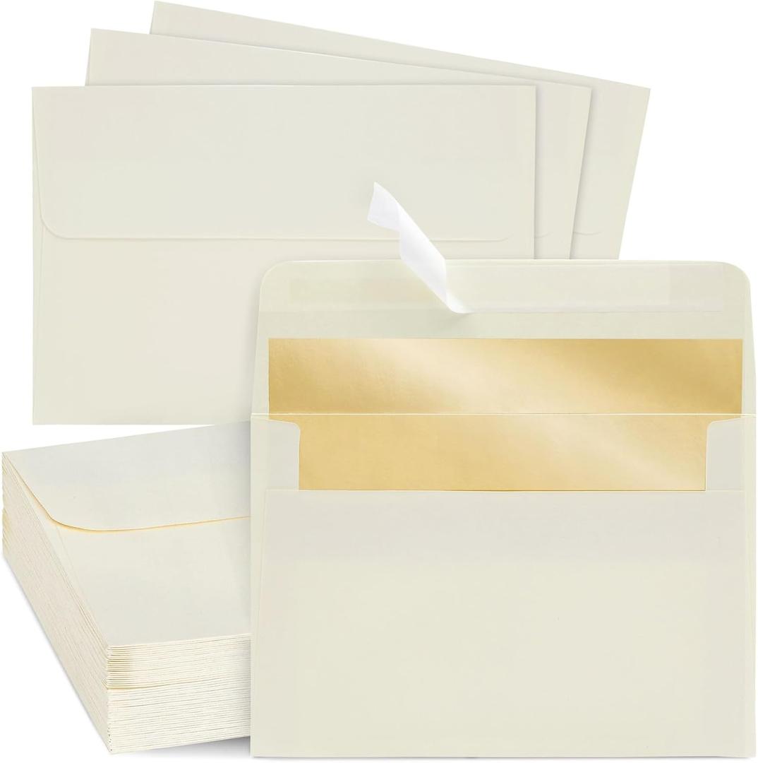 Best Paper Greetings Invitation Envelopes - 4.25 x 6.25 In, A6, Ivory, 50 Pack - Gold Lined, Peel & Seal Closure, Mail Envelopes for Weddings & Birthdays