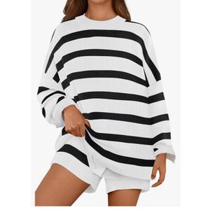 MEROKEETY Women's 2 Piece Sweater Lounge Sets Striped Long Sleeve Shorts Oversized Matching Outfits, Small
