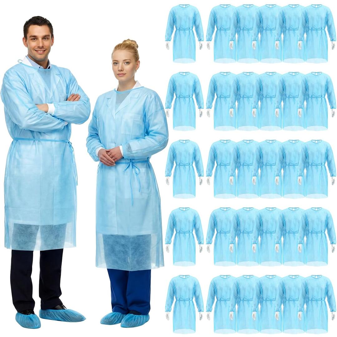 TrelaCo 30 Pcs Blue Disposable Isolation Gowns PPE Disposable Gowns Bulk Fully Closed Double Tie Back Elastic Cuffs for Home Isolation Labs Dental Beauty Agencies Women Men Adult Unisex
