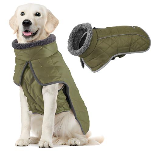 Fragralley Dog Coat Large, Waterproof Dog Jacket with Warm Fleece Lining, Adjustable Reflective Dogs Winter Coat, Turtleneck Pet Coats for Cold Weather (ArmyGreen XXXL)
