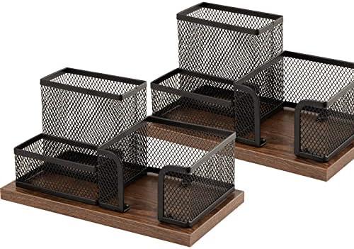 ASIFMTHOT Antique Wood & Mesh Pen Holder Office Supplies Caddy, Storage Baskets for Desktop Accessorieswith Sticky Notes Holder,3 Compartments(2 Pack Black)