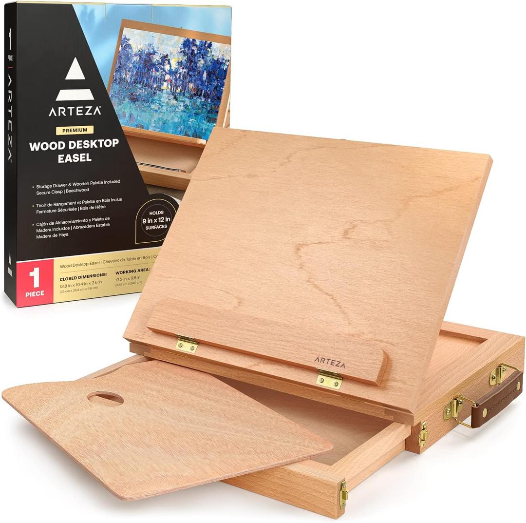 ARTEZA Tabletop Easel 13.4x10.3x2 Inches, Portable Beechwood Easel Box with Drawer & Palette for Artists