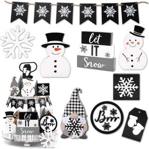 16pcs Christmas Tiered Tray Decor Wooden Signs Let It Snow Snowflake Snowman Gnome Plaid Farmhouse Xmas Table Decorations for Home Table Shelf (Black and White)