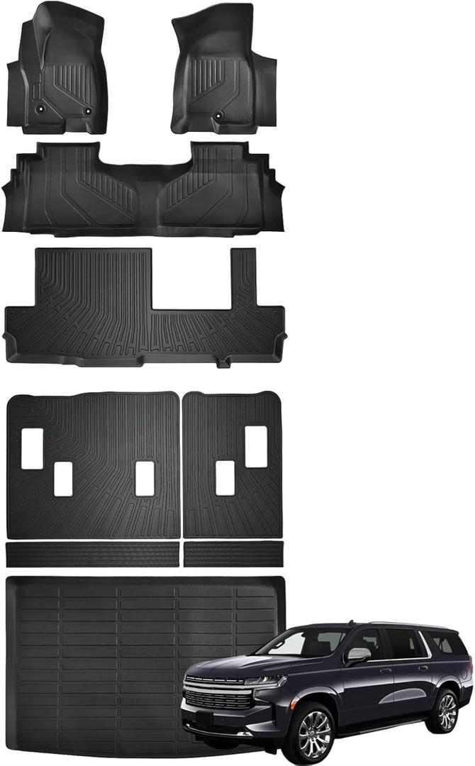 Marretoo Floor Mats for Chevy Chevrolet Suburban/GMC Yukon XL 2024-2021 Floor Mats & Cargo Liner with Backrest Mat Full Set All Weather Protection TPE for Suburban Accessories (8seat)