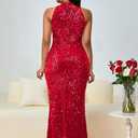 VERWIN Sleeveless Halter Neck Sparkly Casual Party Cocktail Evening Bodycon Mermaid Maxi Sequins Dress (Red, S)