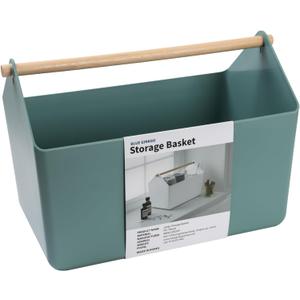 BLUE GINKGO Large Storage Basket Plastic Caddy with Wooden Handle for Bathroom, Pantry, or Cleaning Supplies (Green)