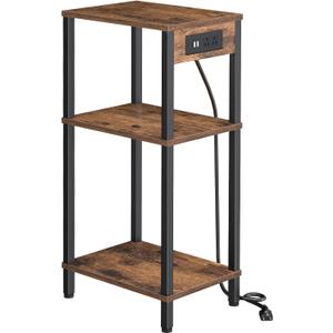 Side Table with Charging Station, Tall End Tables Living Room, 30 Inch Skinny Night Stand with Storage, Small Bedside Tables for Bedroom, Office, Dorm, Hallway, Rustic Brown