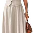 ELLEVEN 2 Piece Linen Sets for Women Summer Outfit,V-Neck Vest Top & Flowy Maxi Skirt, Small