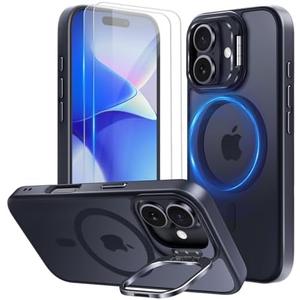 Mitywah for iPhone 16 Case with Stand, 2X [Tempered Glass Screen Protector] Military-Grade Drop Protection N52 Magnetic Phone Case, Matte Translucent Slim Case Skin-Friendly Touch, Black