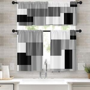 Tayney Black White Gray Kitchen Window Curtains Valance and Tier Set 36 Inch, Dark Grey Modern Geometric Rod Pocket Short Tier Curtain for Bathroom, Small Cafe Drapes for Kitchen Decor