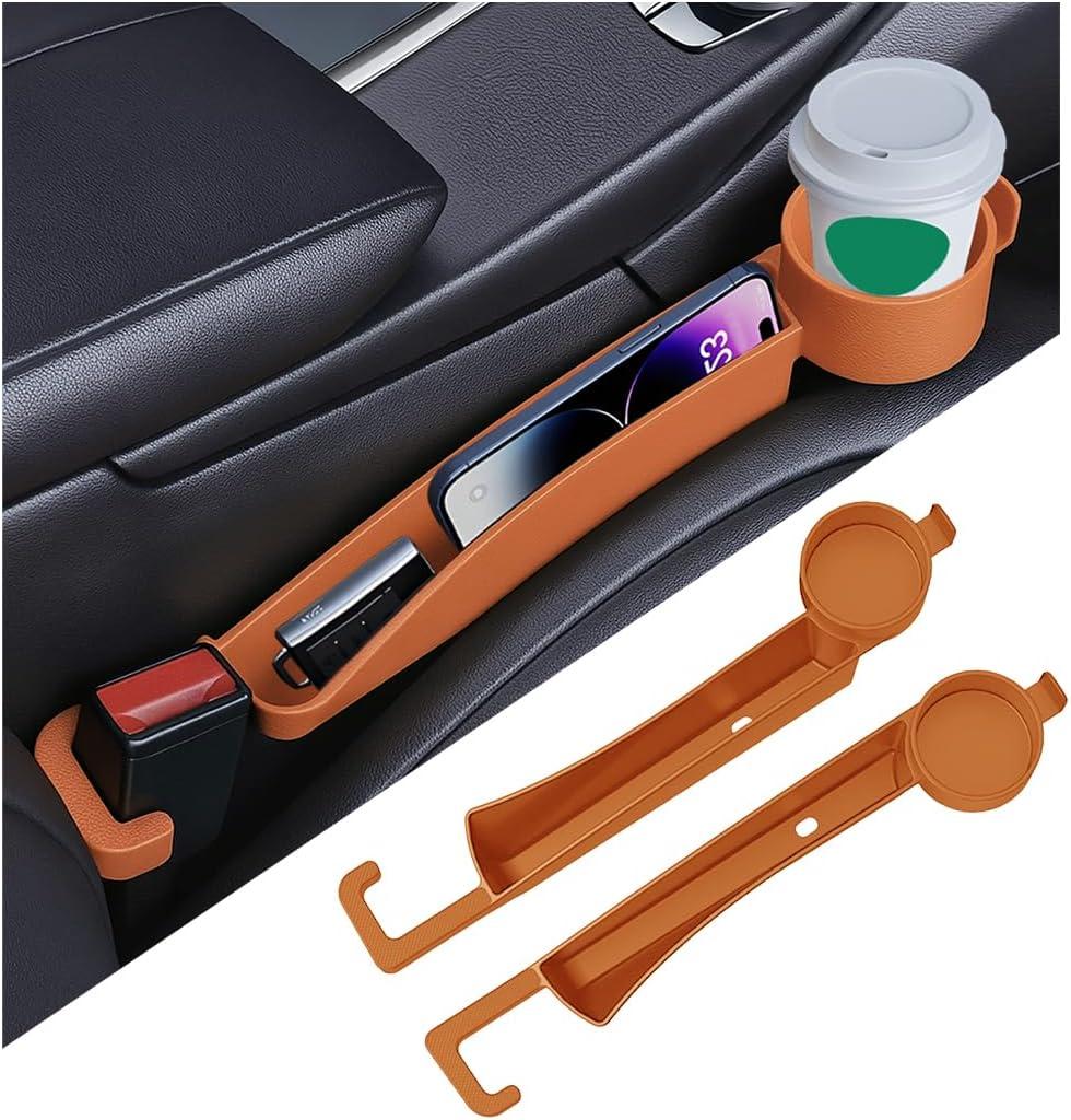 2 x 2PCS Car Seat Gap Filler Organizer with Cup Holder, Multifunctional Side Seat Crevice Blocker Plug with Storage Slot, No-Drop Auto Console Side Gap Stopper Organizer, Universal Fit (Orange)
