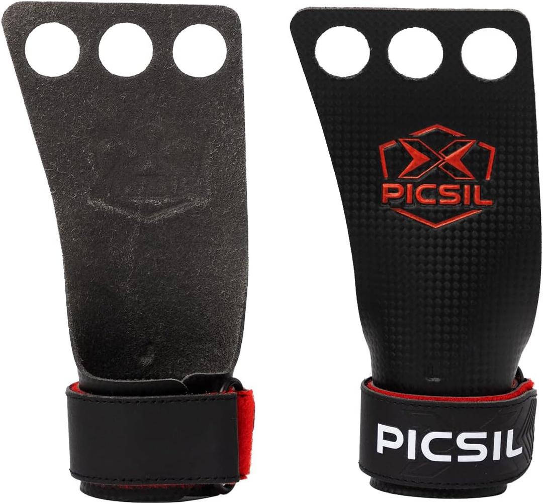 PICSIL - RX Grips | Synthetic Workout & Gymnastics Grips | Ultra-Resistant Carbon Fibre for Cross Training | Helps Prevent Tears & Blisters | Carbon Fibre Material | Use wiht Chalk | (Large, 3H RED)