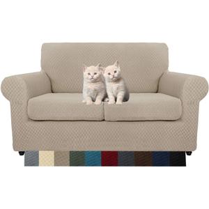 MAXIJIN 3 Piece Jacquard Couch Covers for 2 Cushion Couch Stretch Non Slip Love Seat Couch Cover for Dogs Pet Friendly Elastic Furniture Protector Loveseat Slipcovers (Loveseat, Khaki)