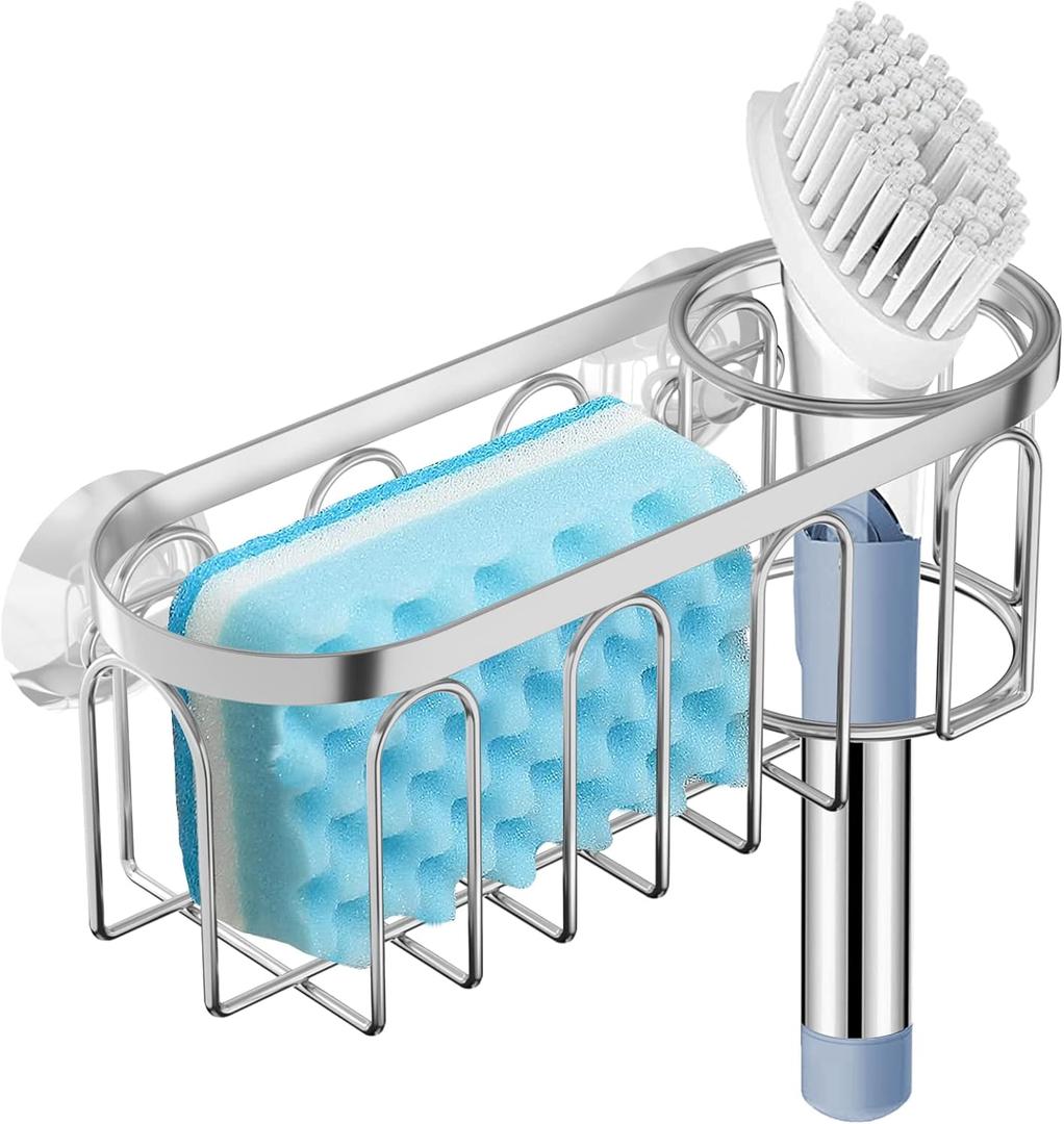 2-in-1 Sponge Holder for Kitchen Sink, Yazoni Suction Cup Sponge Rack Kitchen Caddy, No Drill Rustproof Sink Organizer for Place Dishwashing Brush Soap and Sponge (Silver)