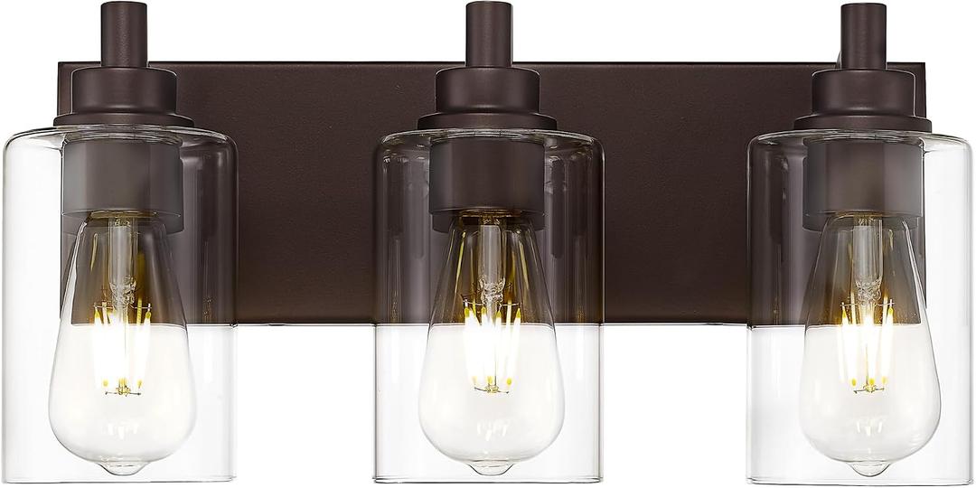 3-Light Bathroom Light Fixtures, Modern Vanity Light with Cylinder Clear Glass Shade, Vanity Lighting Fixtures Over Mirror, Oil Rubbed Bronze, VL143-ORB-3
