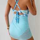 B2prity Women Mesh One Piece Swimdress Swimsuit Tummy Control V Neck Cutout Bathing Suit Wrap Drawstring Sarong Swimwear, S
