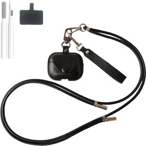Leather Case for Airpods Pro 2nd/1st Gen (2023/2022/2019) with Adjustable Neck Strap & Wristlet - Shockproof Travel Cover with Locking Clip, Anti-Dust Design for Women/Men, Black