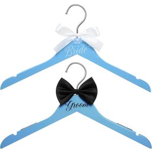 2 Pcs Blue Wedding Bride Hanger Bride and Groom Wooden Dress Hanger Set with Bow Tie for Tuxedo Suit Wedding Gift Bridal Party Shower