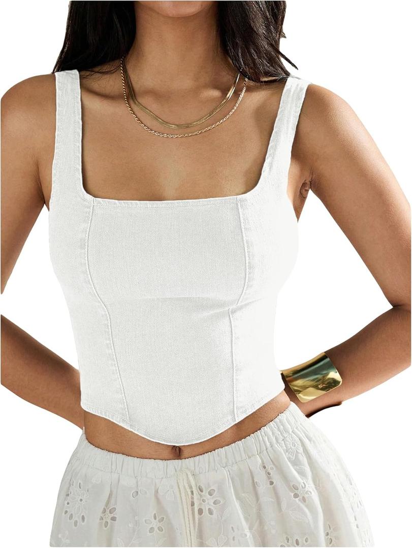 SHENHE Women's Denim Tank Top Sleeveless Square Neck Backless Slim Fit Y2k Crop Top (Large, White) SHENHE Women's Denim Tank Top Sleeveless Square Neck Backless Slim Fit Y2k Crop Top (Large, White)