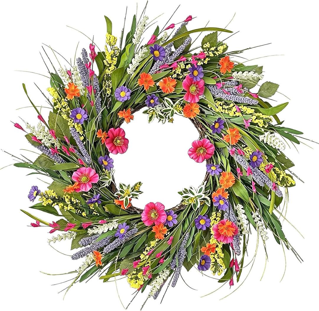 20Inch Spring Summer Wreath, Wildflower Wreath with Green Leaves for Front Door, Lavender Wreath with Eucalyptus Leaves, Daisy Flower Wreath for Outdoor wall Festival Home Farmhouse Wedding Decor