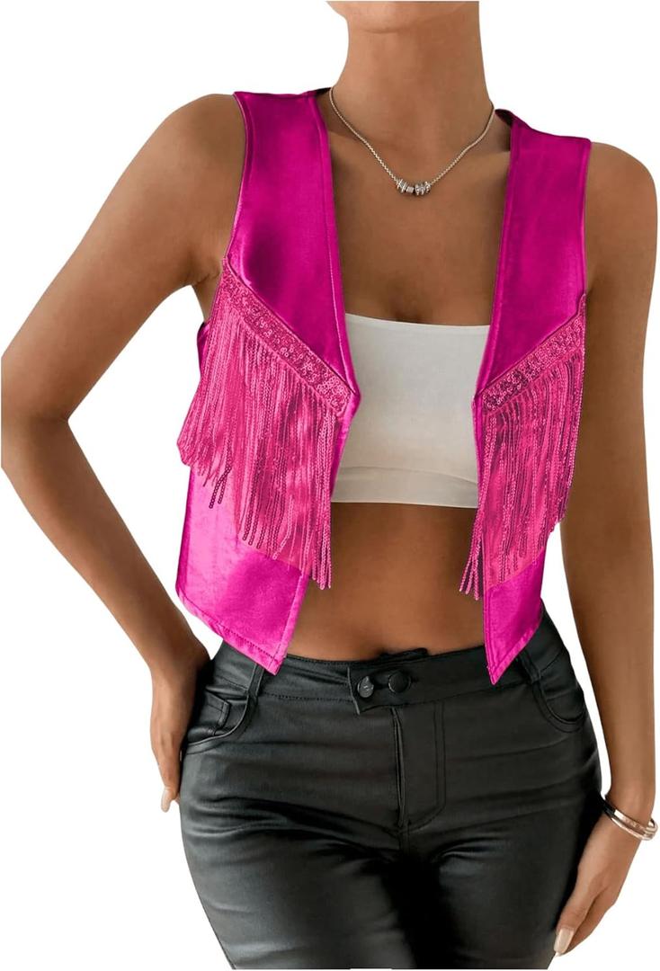 MakeMeChic Women's Sequin Fringe Vest Sleeveless Metallic Y2K Crop Cowgirl Western Jacket (Hot Pink), Small
