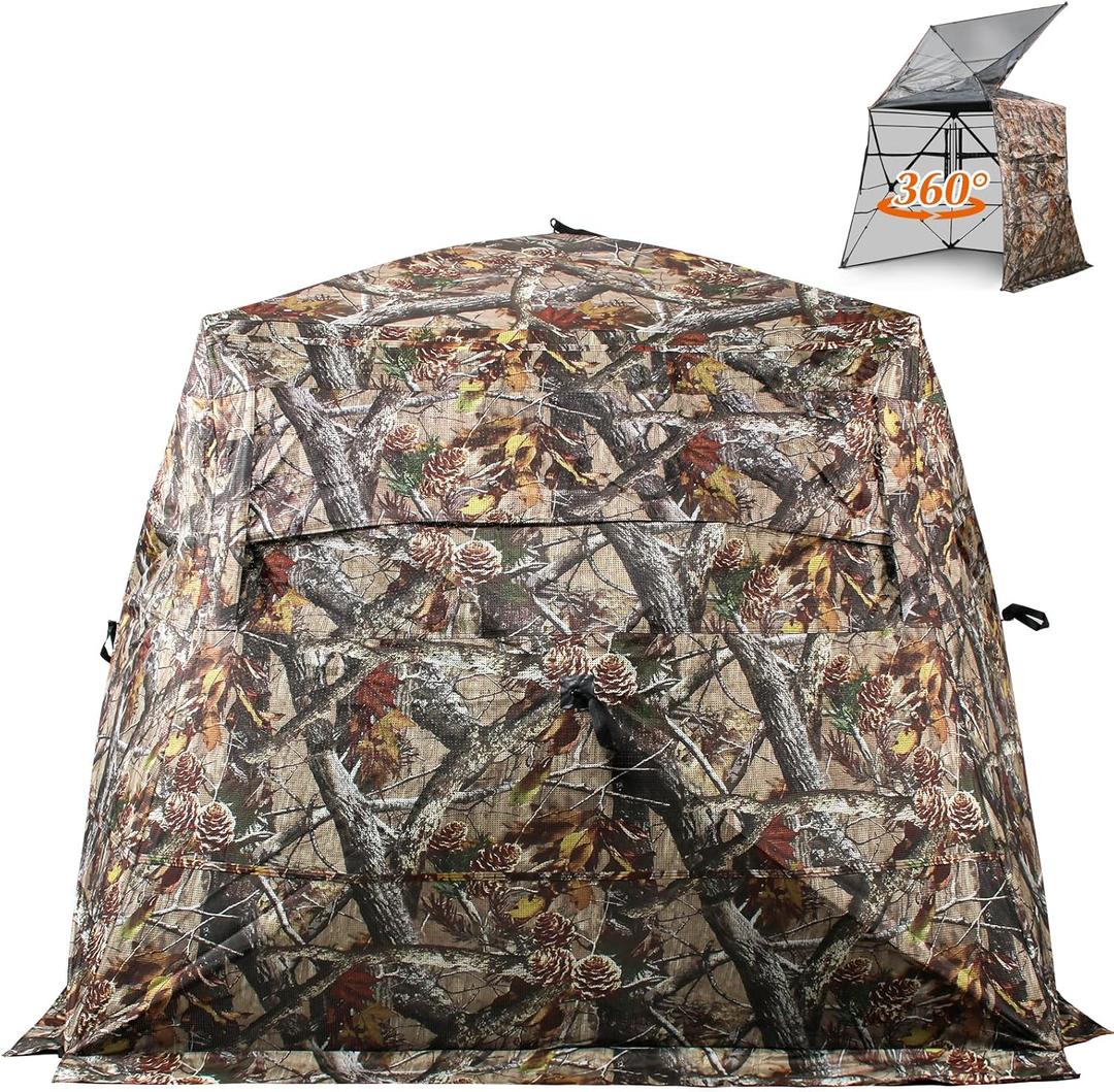 Wide Bottom Hunting Blind 3/4 Person with Portable Chair, 270/360 Degree See Through Pop up Ground Blinds for Deer Turkey Duck Hunting, Bow Hunting Adjust Windows with Silent Zipper