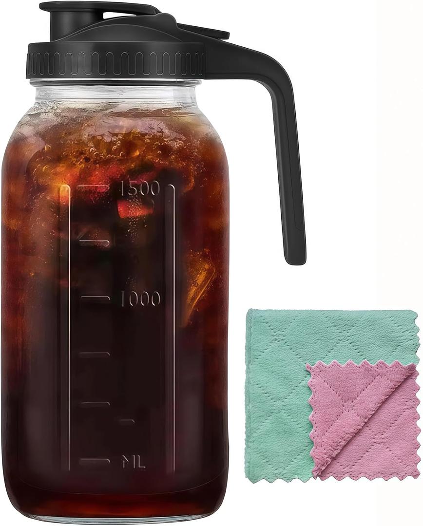 64oz Glass Pitcher Carafes With Handle and Lid, 2 Quart Mason Jar, Large Water Jug, Glass Containers for Fridge, Water Pitcher for Juice, Iced & Sun Tea, Cold Brew Coffee, Homemade Beverage (Black)