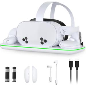 Charging Station for Meta Quest 3 and Oculus Quest 3S, VR Accessories Charging Station with LED Light for Oculus Quest 3/ 3S, Charger Stand with 2 Rechargeable Batteries, Magnetic Charging Design