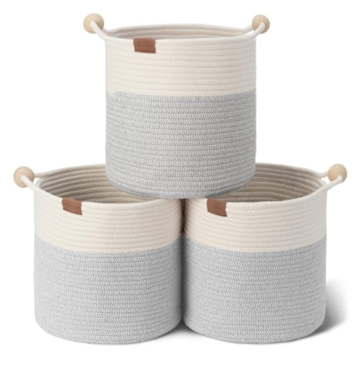 Woven Storage Baskets for Organizing, Woven Basket with Wooden Handles, 12.5 x 12.5 Woven Baskets for Storage, Small Woven Cube Storage Basket for Living Room, White&Light Brown, 3-Pack