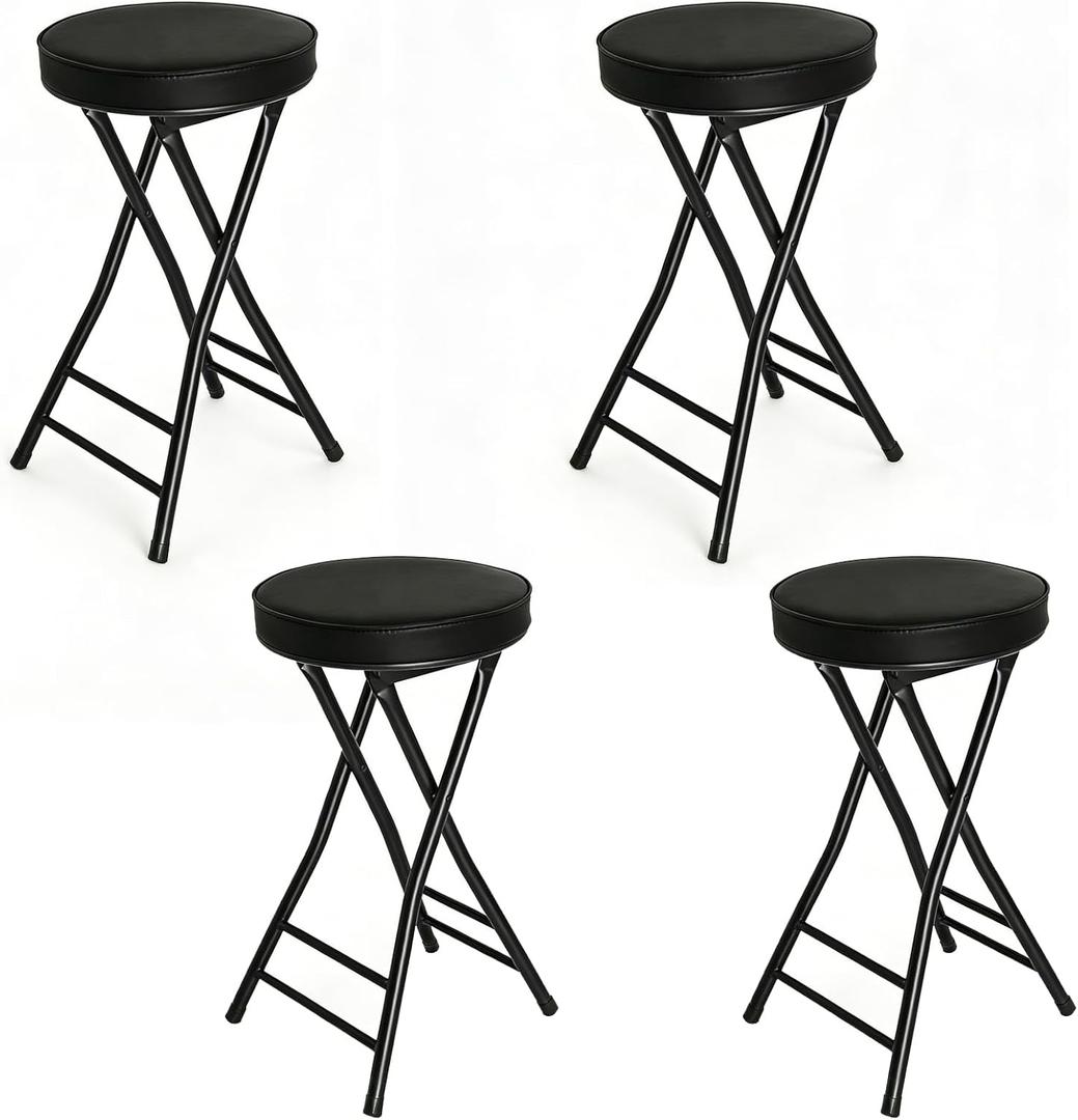 Gluck Plants Folding Stool,24 Inch Foldable Portable Collapsible Height Bar Stool Chair,4PCS Adult Tall Leather Padded Chair for Kitchen Living Room Garden Camping Fishing