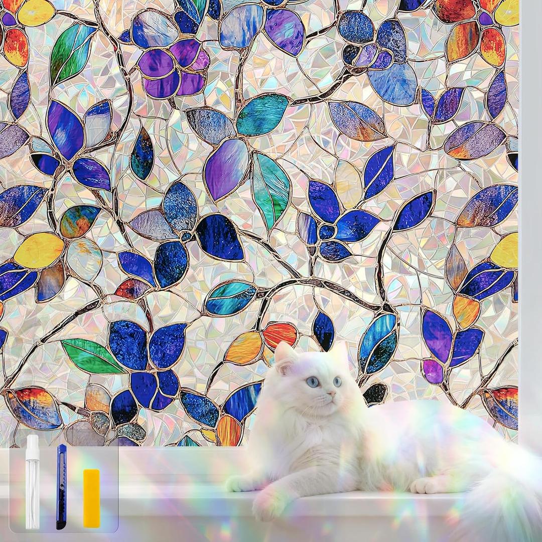 Stained Glass Window Privacy FilmDecorative Rainbow Static Clings -ldeal for Home &Office,Adhesive-Free,Removable, Uv-Blocking (Purple Rainbow, 35.4 X 157.4 in)