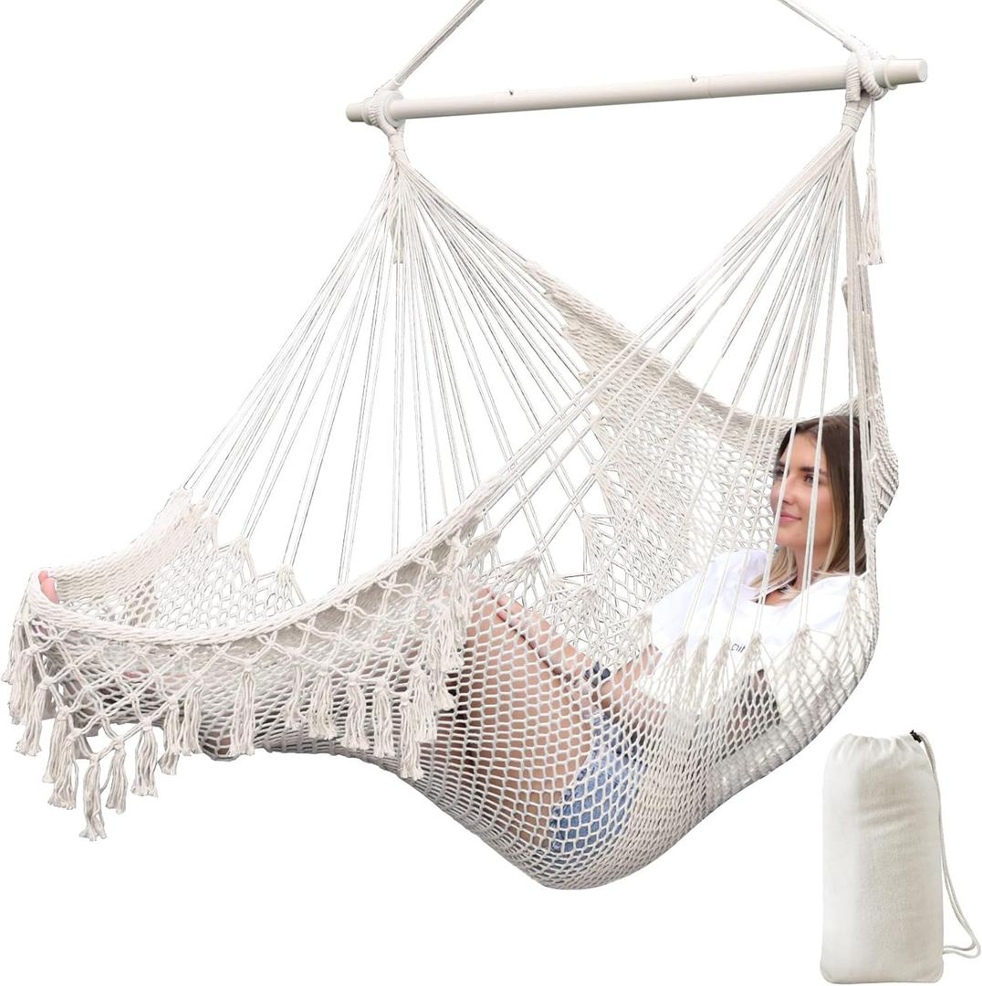 Chihee Hammock Chair Super Large Soft-Spun Cotton Rope Weaving Hanging Chair, Collapsible Strong Metal Spreader Bar Wide Seat Lace Stretch Swing Chairs Indoor Outdoor Garden Yard Theme Decoration (Natural White)