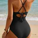 Aidonger One Piece Swimsuit Tummy Control Ruched Bathing Suit for Women Slimming Swimwear Deep V Neck Tie Back Swim Suit (Black, L)