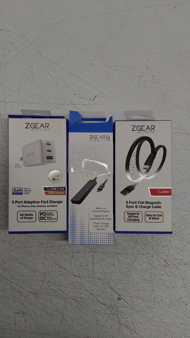 ZGear 3Pack, 3Foot Flat Cable For USBC Coil Safe Charge Port and Sync Cable, ZGear 3 Port Addaptive Fast Charger , For USBC and USB Charger 65 Watts, And Video and Data Hub With 4k Support