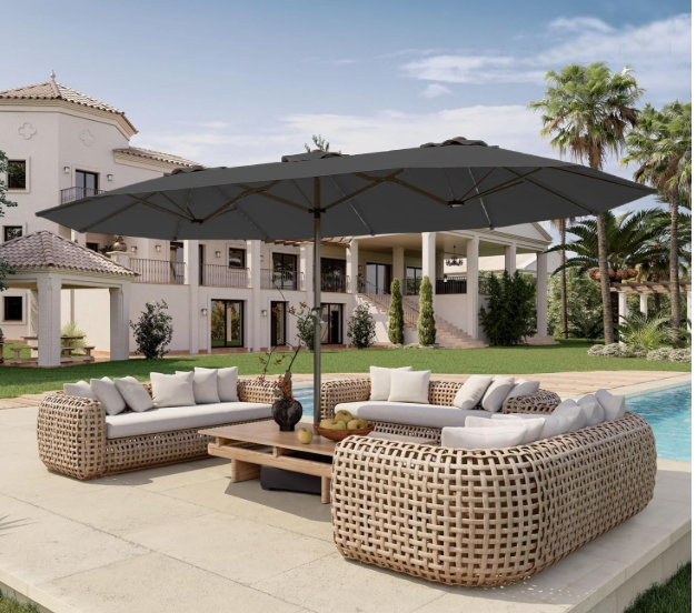 Patio Kingdom 15FT Double Sided Patio Umbrella with Base Included Large Outdoor Market Umbrella with Crank Handle, UV Resistant Canopy, Sturdy Frame for Garden, Poolside, Deck, Gray
