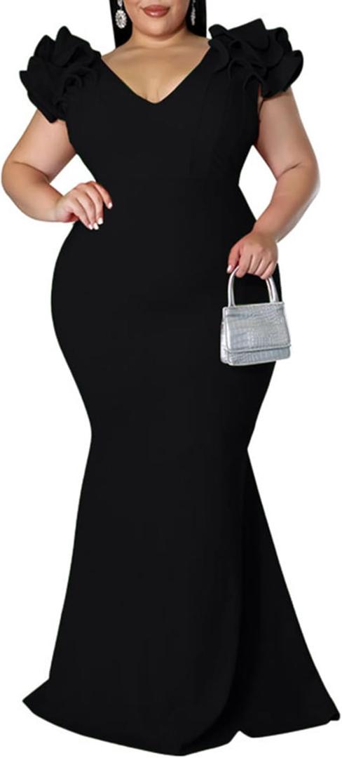 Ekaliy Women's Plus Size Maxi Dress Elegant V-Neck Ruffle Sleeves Bodycon Mermaid Evening Gown (4X-Large Plus, Black)