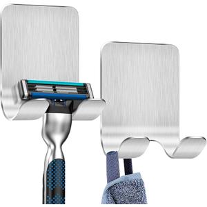 2 Pack Adhesive Razor Holder Shaver Hook Hanger Stand Wall Mounted, Stainless Steel Utility Storage Shower Hook or Bathroom Kitchen Organizer for Plug Robe Towel Coat, Brushed, AYG-DH-LS-2P
